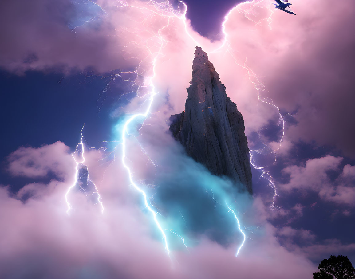 Stormy sky with lightning strikes above jagged mountain peak