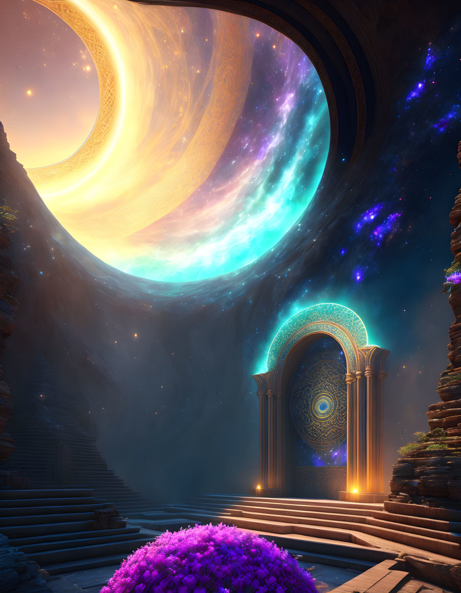 Vibrant gas giant above ornate portal in cosmic scene