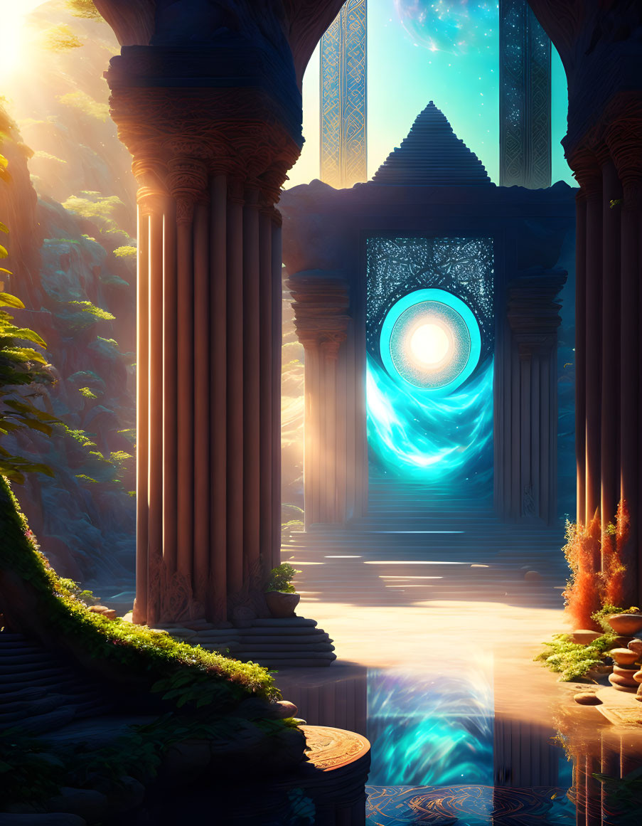 Ethereal portal in ancient temple with ornate pillars and lush greenery