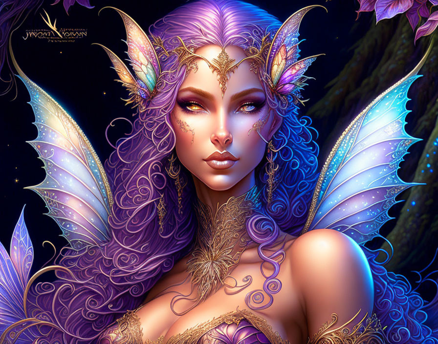 Fantasy illustration of female figure with pointed ears and butterfly wings