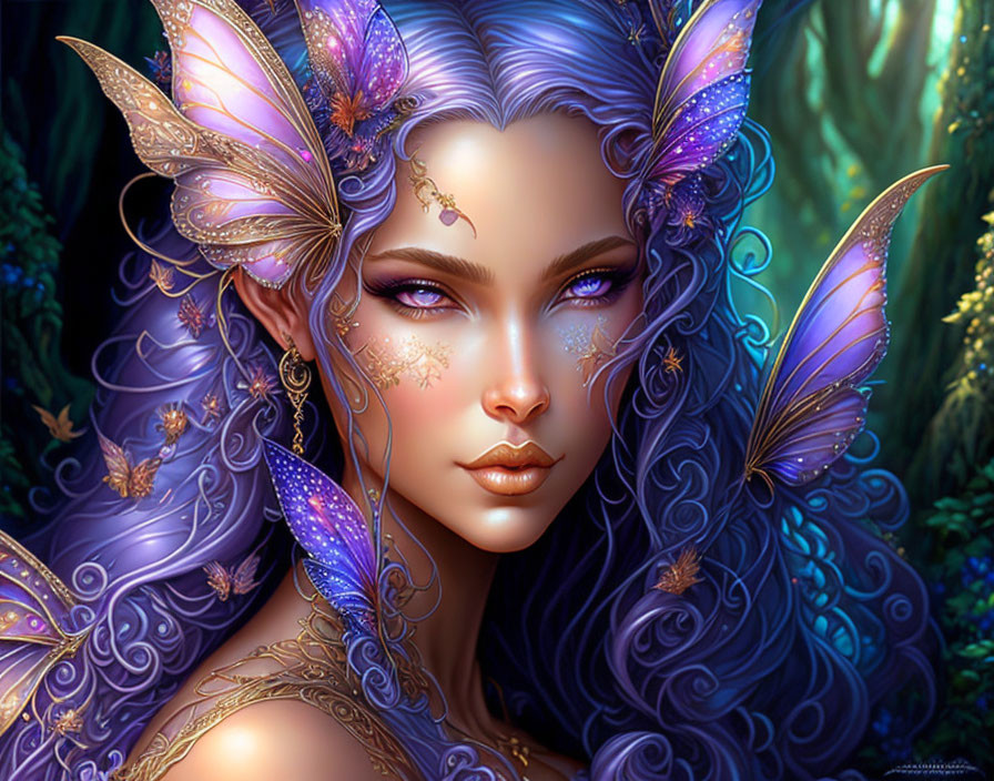 Fantasy fairy with purple wings and golden adornments in enchanted forest