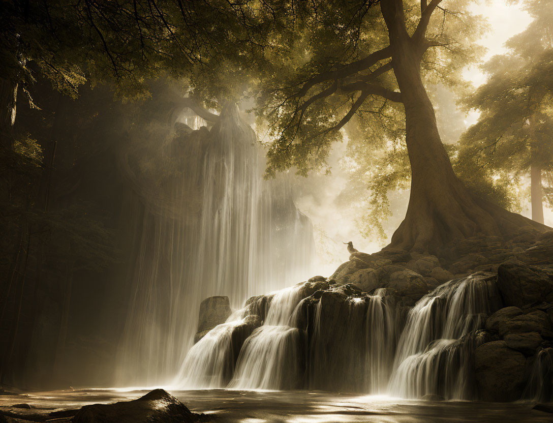 Serene waterfall cascading over rocks into lush pool surrounded by trees