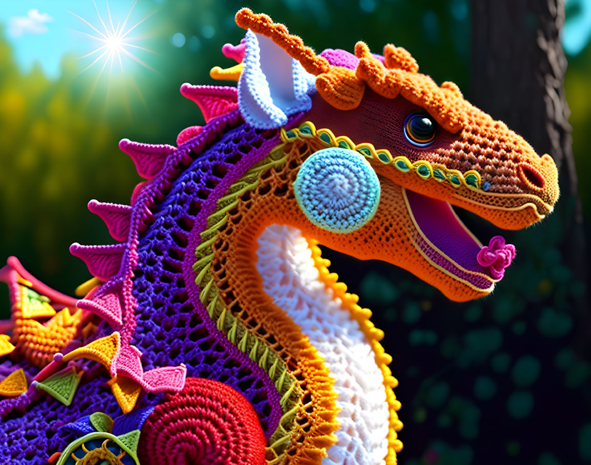 Colorful Crochet Dragon in Sunlit Forest Scene