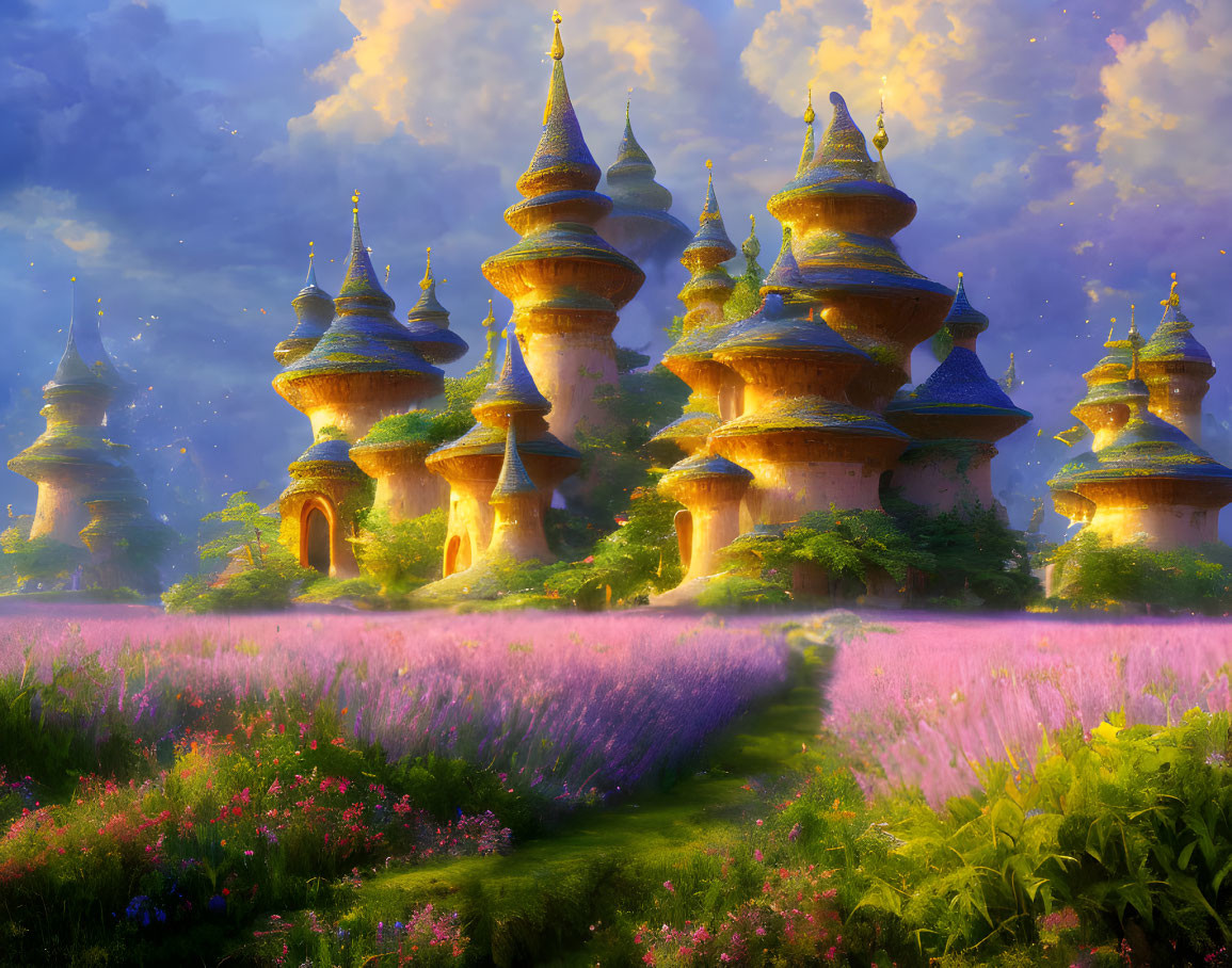 Enchanting Fairytale Landscape with Lavender Fields and Towers