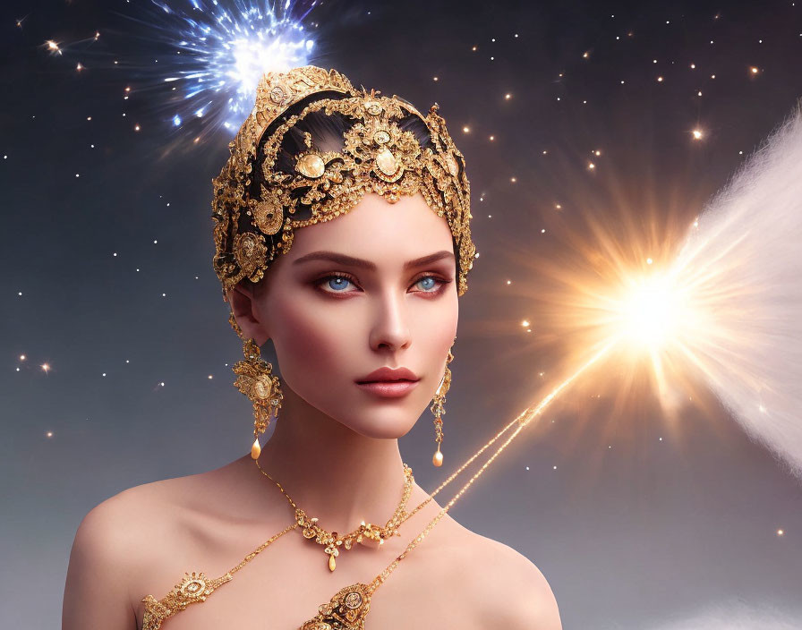 Digital artwork featuring woman in golden jewelry against cosmic backdrop