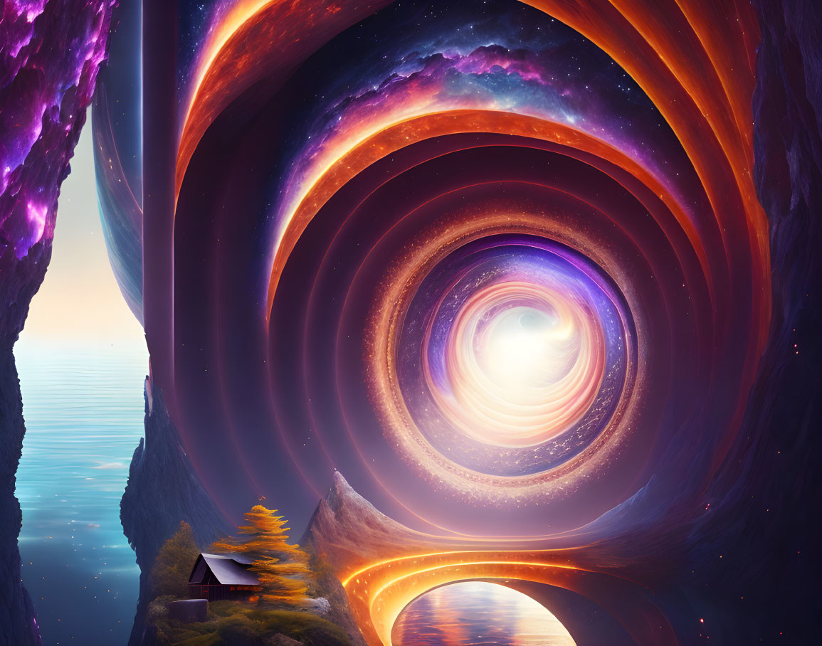 Surreal landscape with spiral galaxy, ocean, cliffs, lone tree, small house