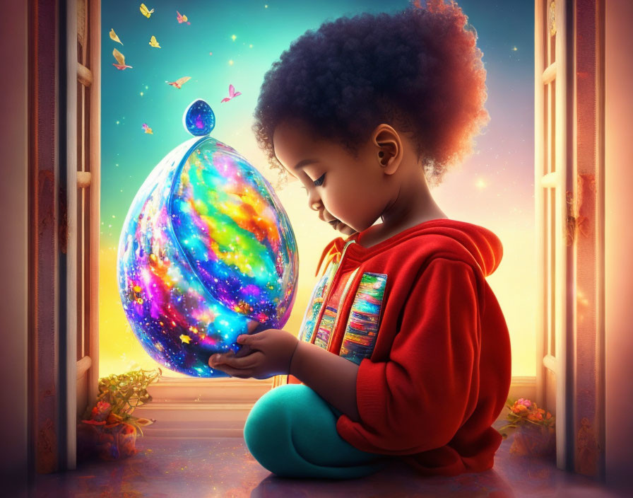 Child in Red Hoodie Holding Glowing Galaxy Egg by Window