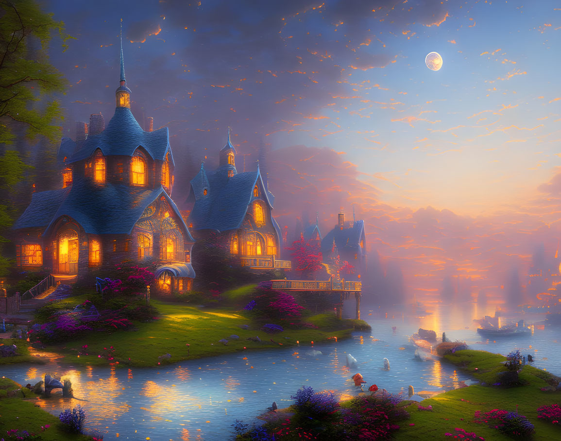 Twilight riverside scene with fairy-tale castle, blooming flora, tranquil river, and cres