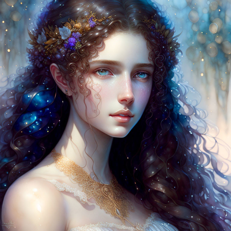 Detailed digital illustration of woman with blue eyes and curly hair in floral headdress