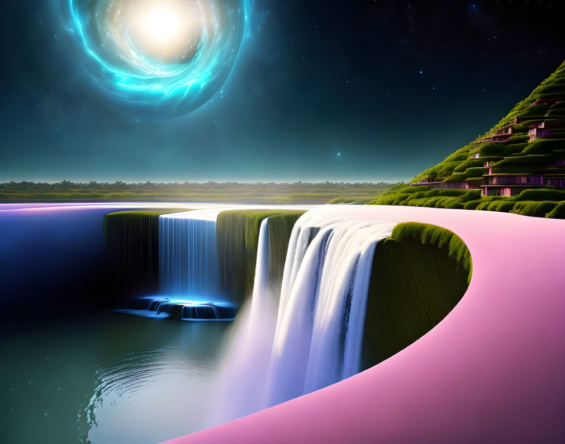 Vibrant waterfall in surreal landscape with terraced hills and cosmic sky