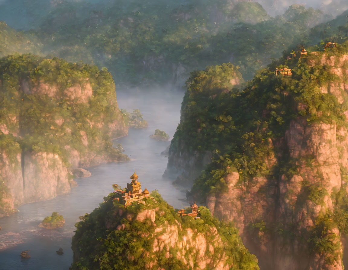 Misty River Flowing Through Green Valley with Pagodas