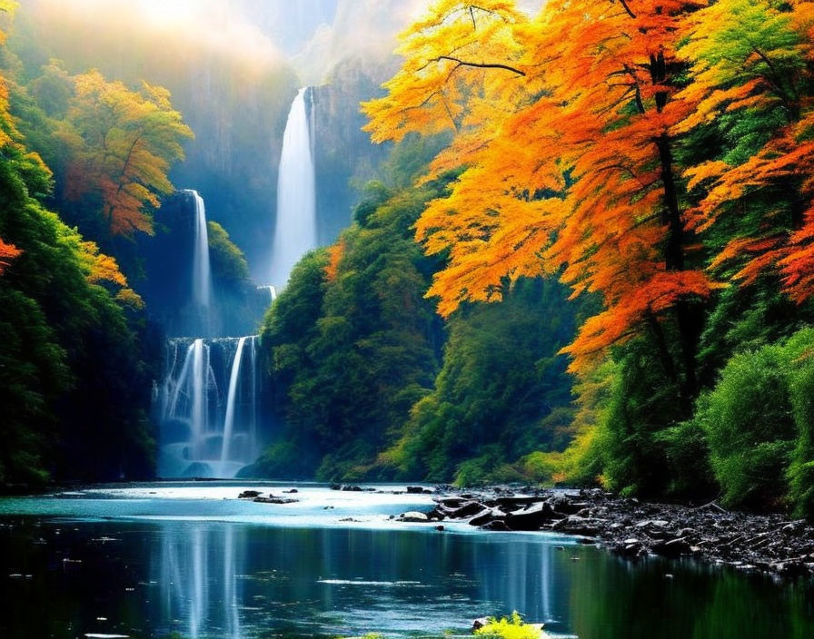 Tranquil waterfall flowing into autumn river amid vibrant foliage