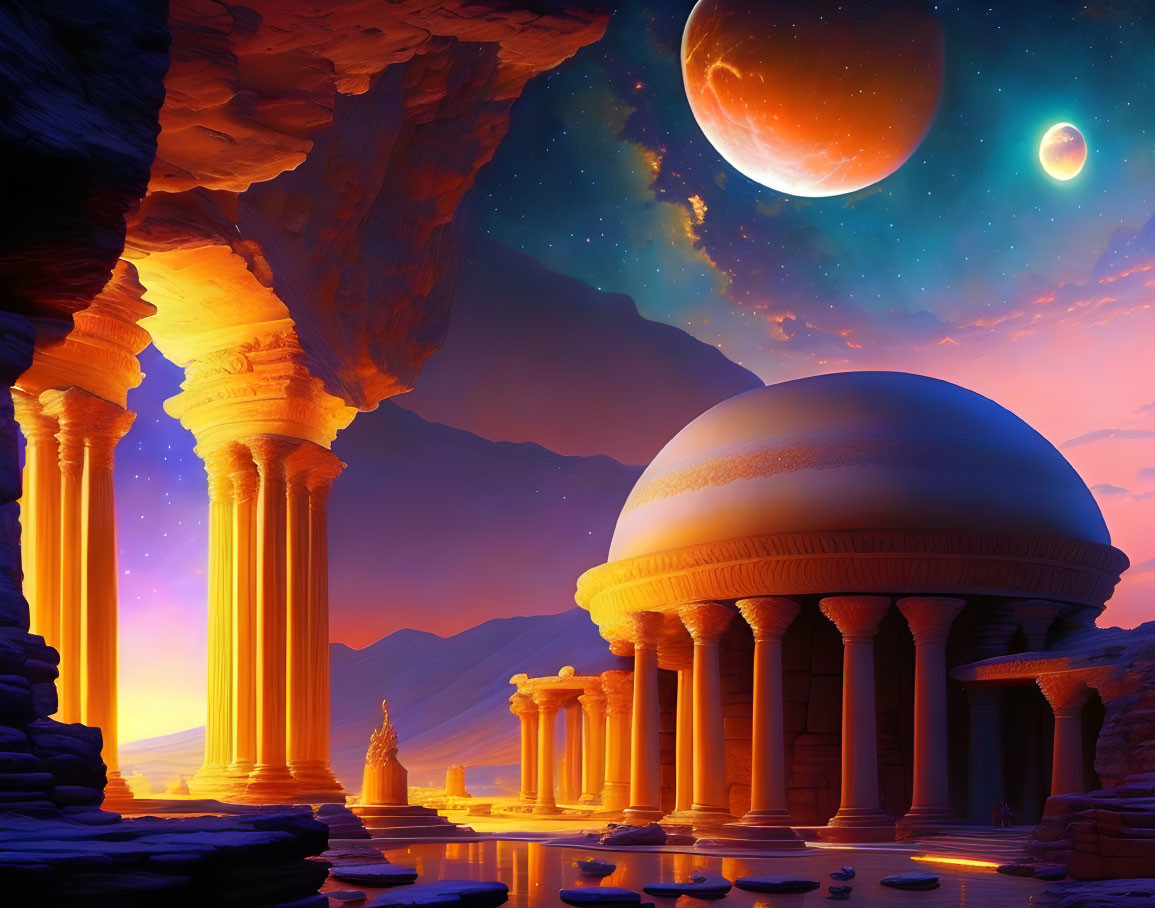 Ancient ruins with columns and a dome under a twilight sky with moon and stars reflected on water.