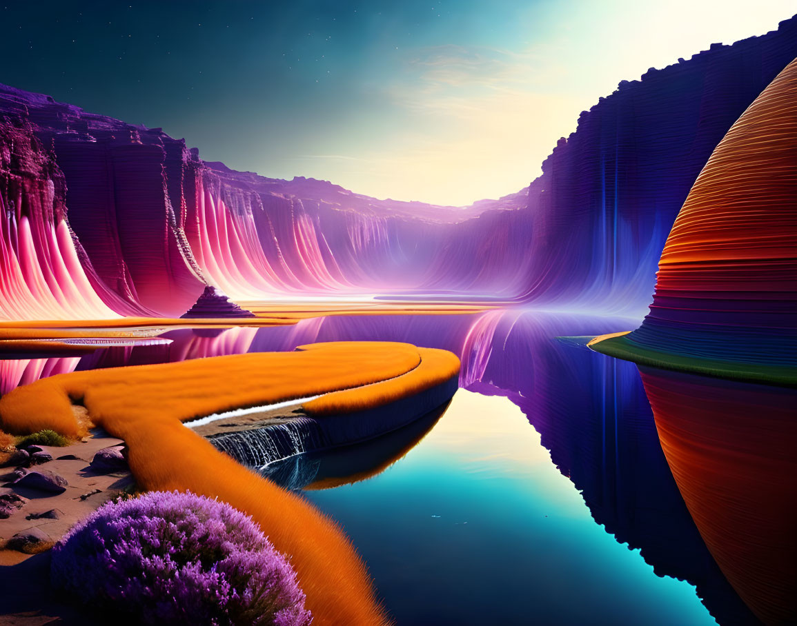 Surreal landscape with towering cliffs, reflective water, starry sky, and orange pathway