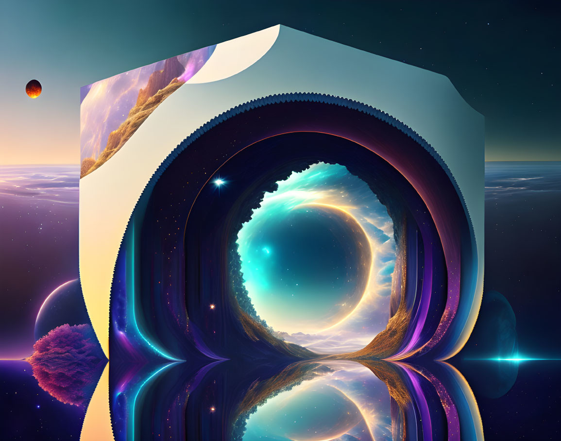 Surreal cosmic scene with wormhole portal, planets, starry sky, and vibrant colors