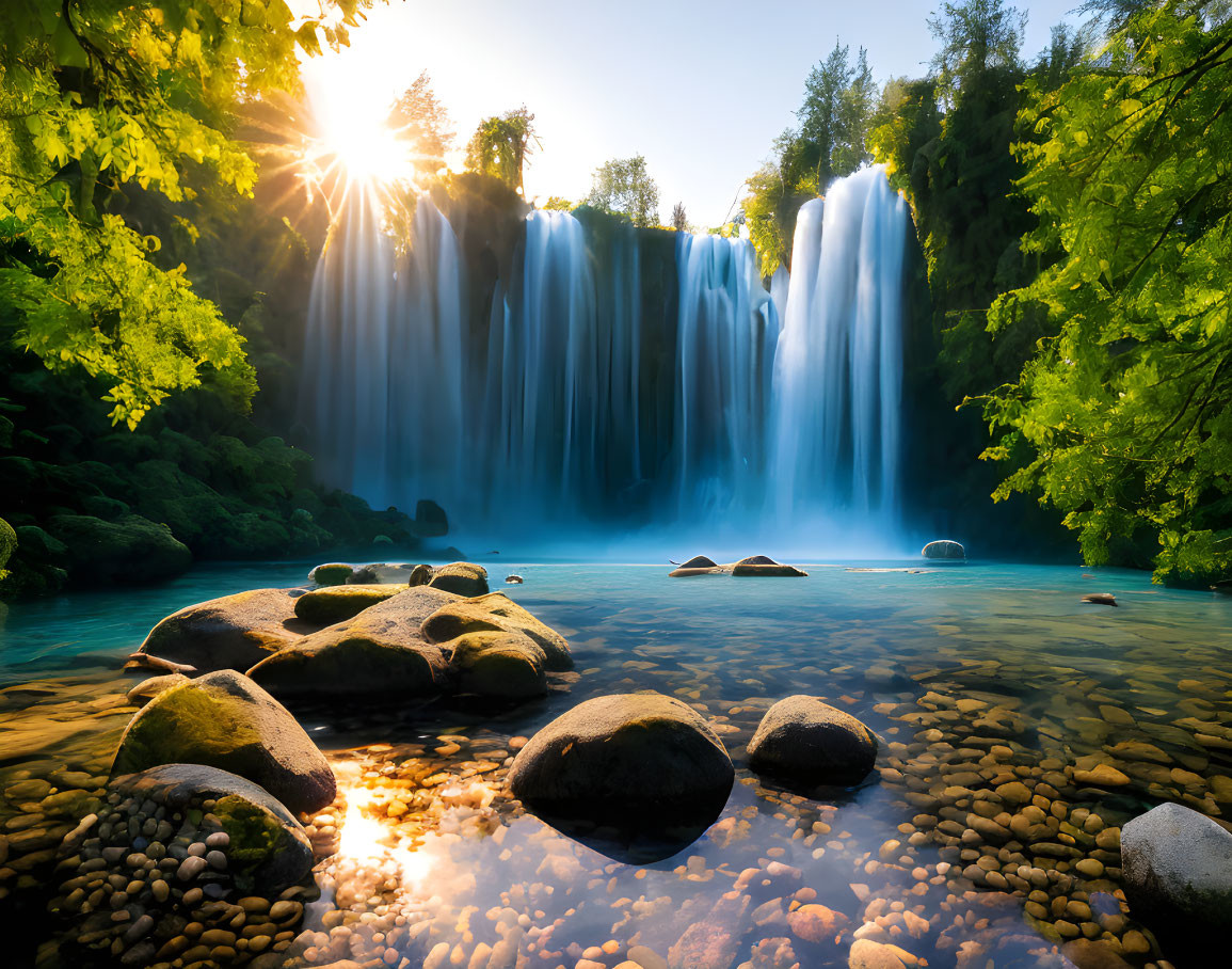 Serene waterfall in lush greenery under sunlight