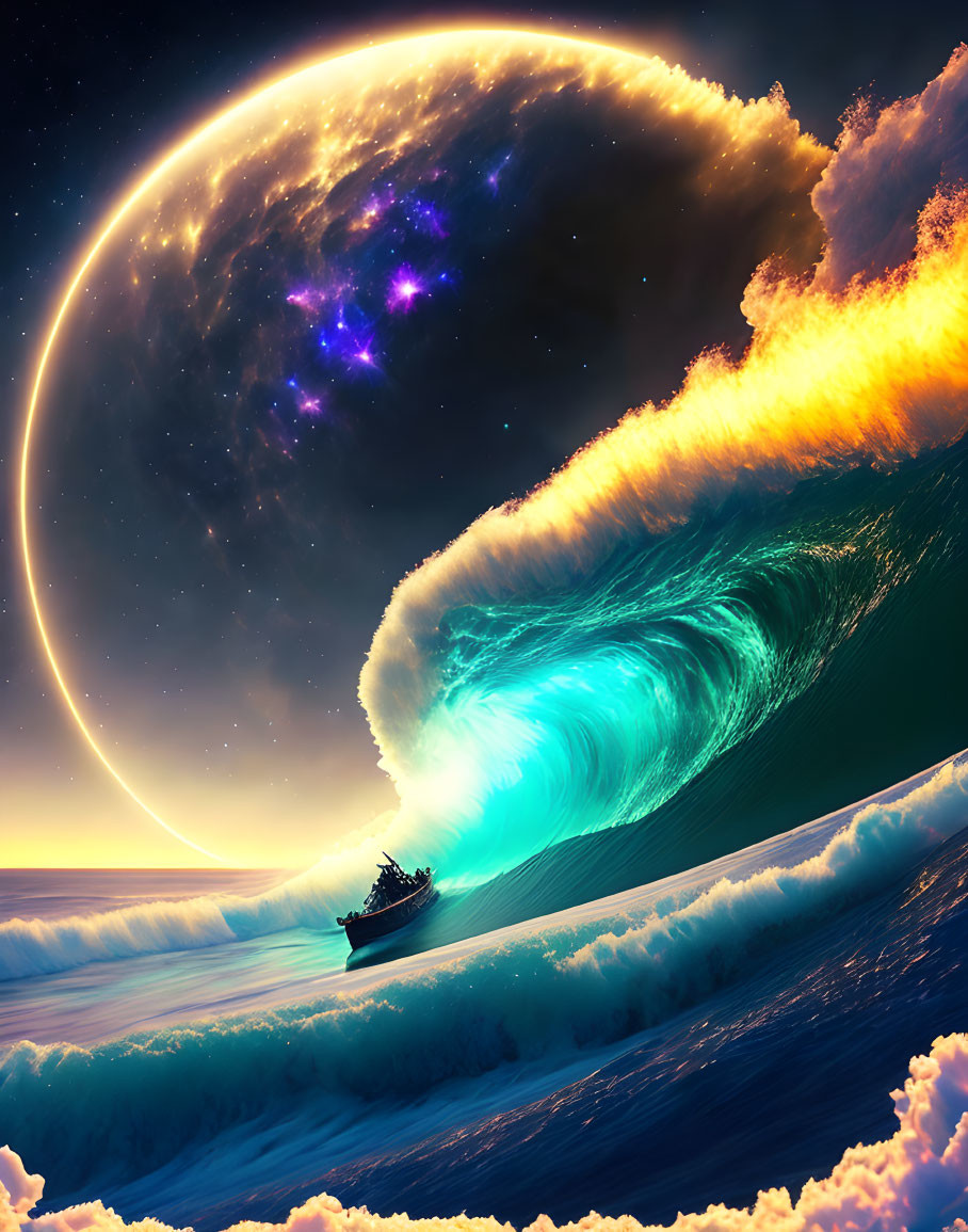 Surreal ship on large waves with cosmic background, crescent planet, and vibrant nebulae