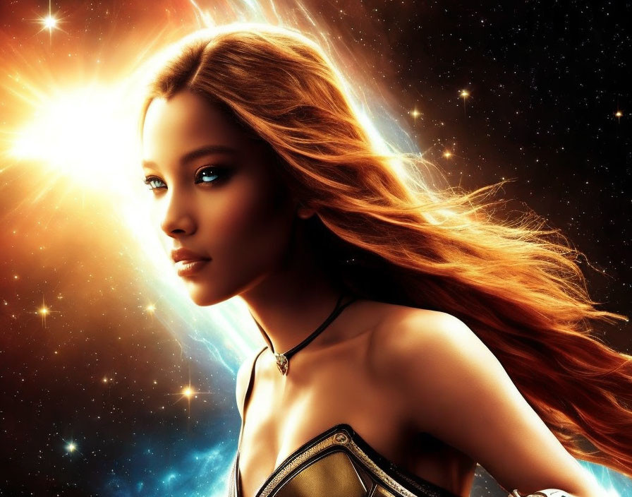 Digital Artwork: Woman with Glowing Skin and Flowing Hair in Cosmic Setting