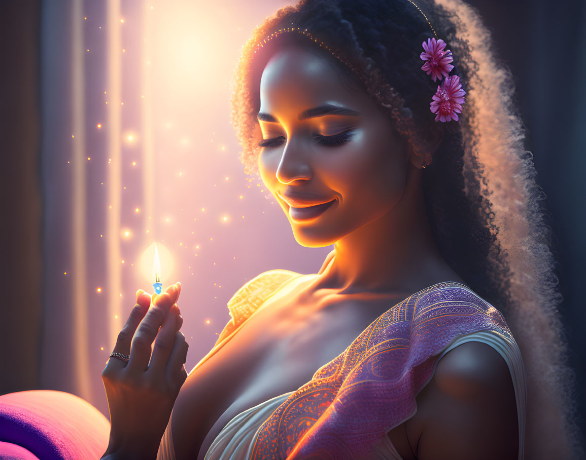 Woman with flower in hair holding lit match in warmly lit, ethereal setting