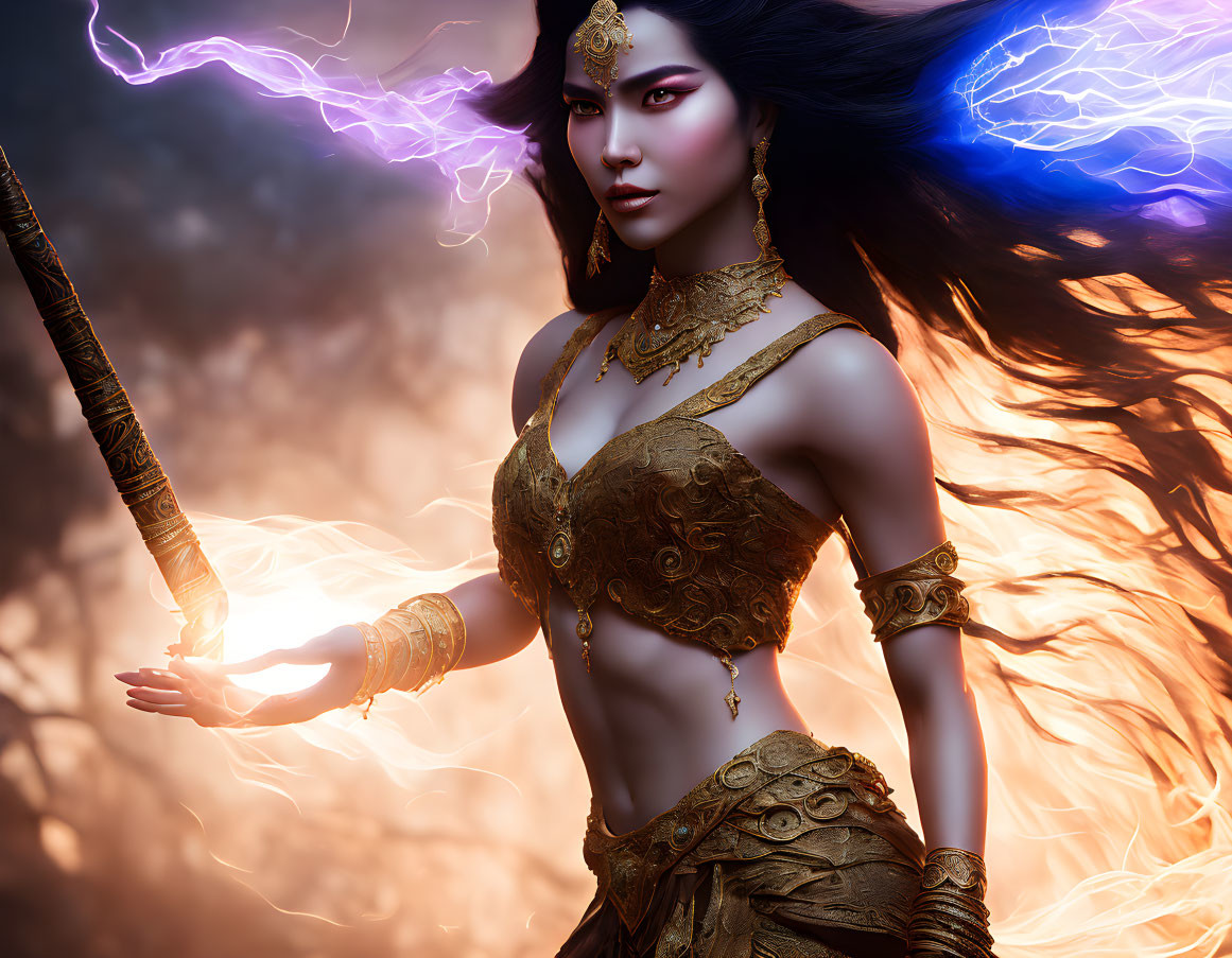 Warrior woman in golden armor wields glowing staff with mystical lights