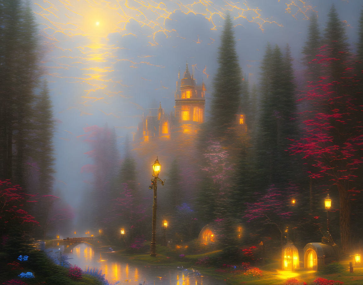 Mystical castle in moonlit forest with glowing lamp post