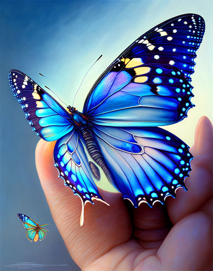 Colorful Butterfly Resting on Hand with Smaller Butterfly and Blue Background