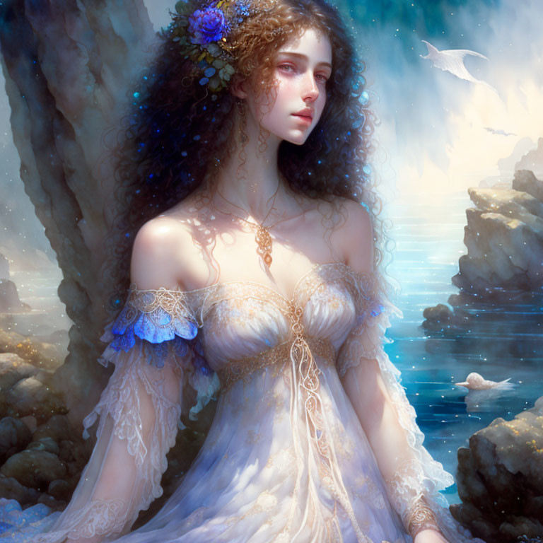 Ethereal woman with flower-adorned hair by misty sea cliffs