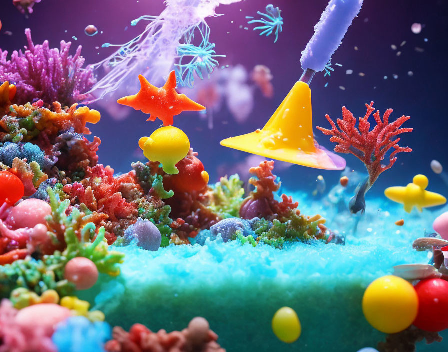 Colorful Underwater Scene with Coral, Jellyfish, and Fantastical Creatures