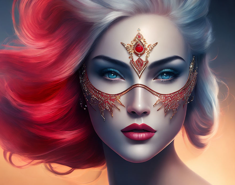 Vibrant red-haired woman in golden mask with ruby centerpiece