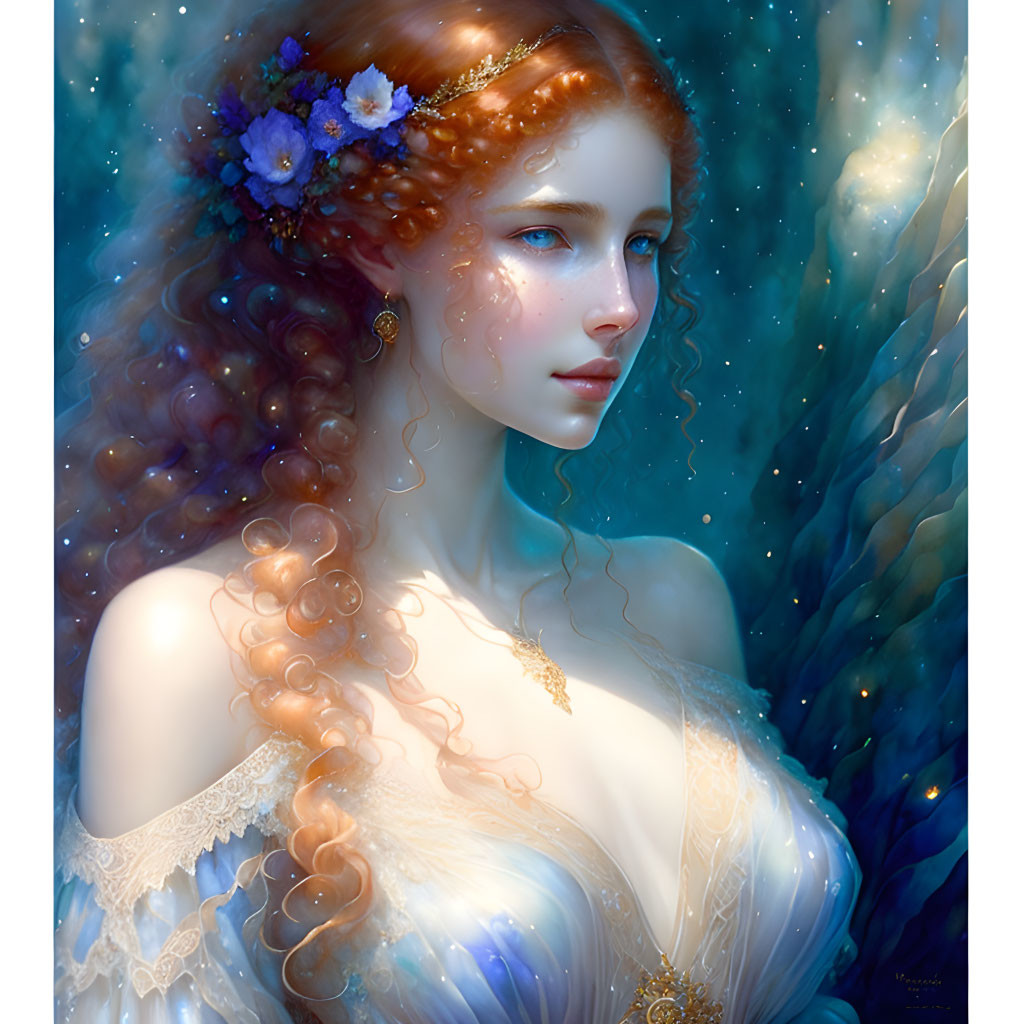 Fantasy woman with auburn hair in floral headdress and white gown in mystical blue glow