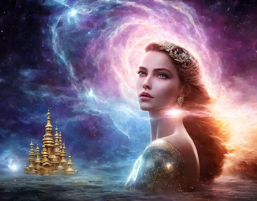 Woman with cosmic backdrop and golden castle, wearing starry tiara.