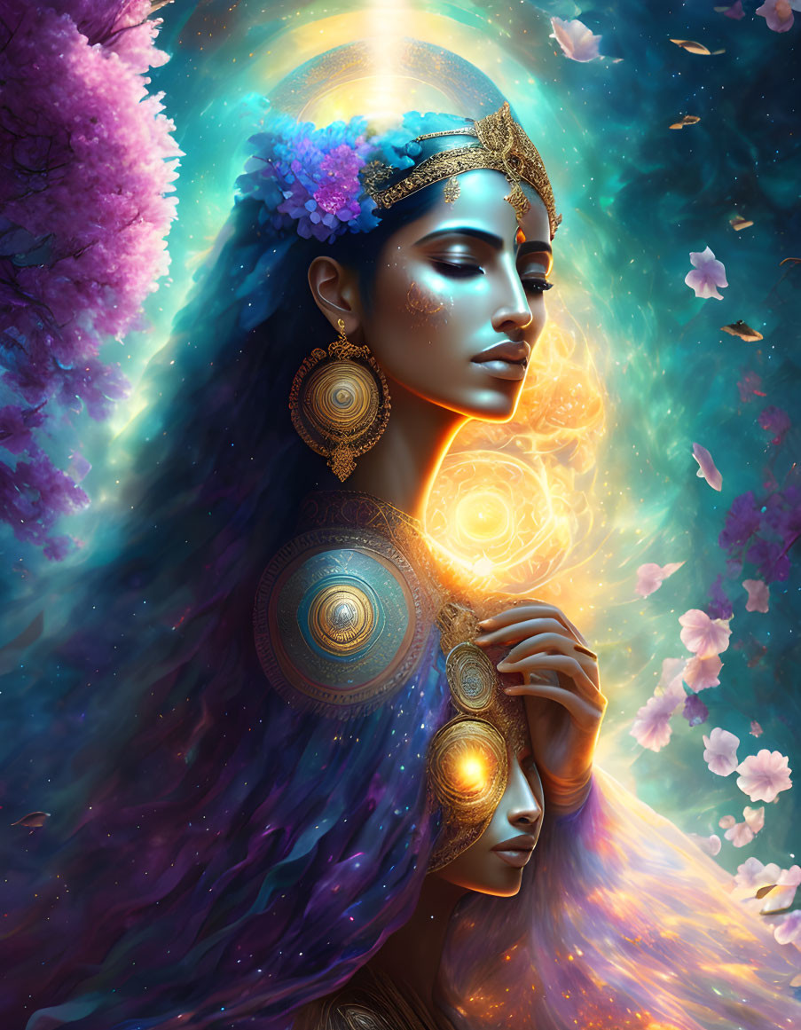 Golden tattooed woman in jeweled headpiece amid cosmic backdrop.