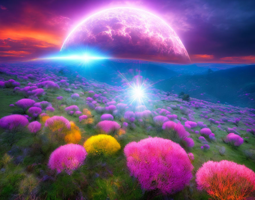 Surreal landscape with vibrant purple and pink flora under a glowing sky