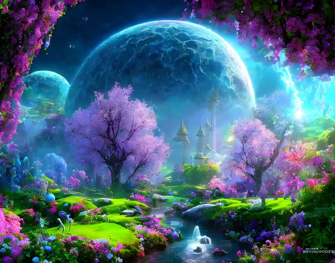 Fantasy landscape with blossoming trees, stream, and moonlit castle