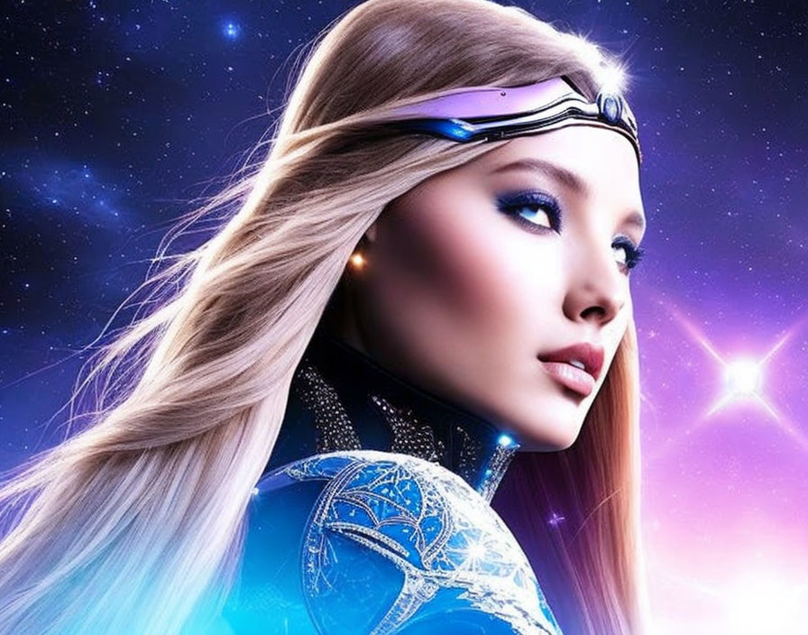 Blonde woman in futuristic headband gazes at cosmic stars