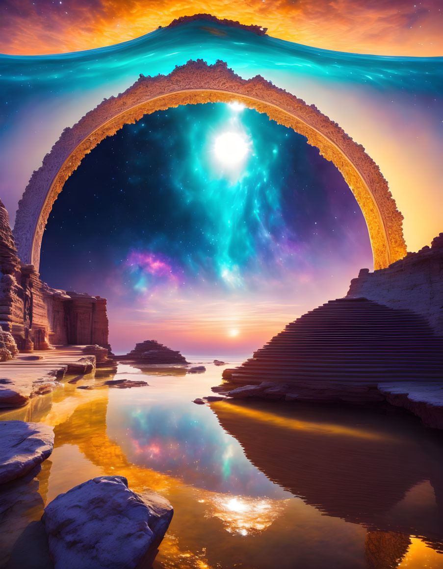 Surreal landscape with massive arch bridge over serene water and cosmic sky