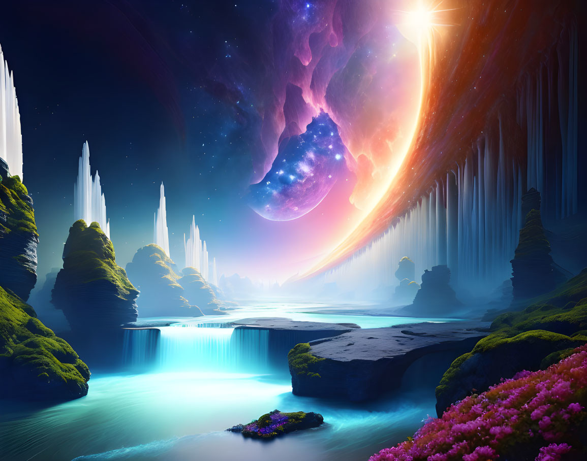 Mystical landscape with glowing waterfalls, vibrant flora, and towering crystal formations