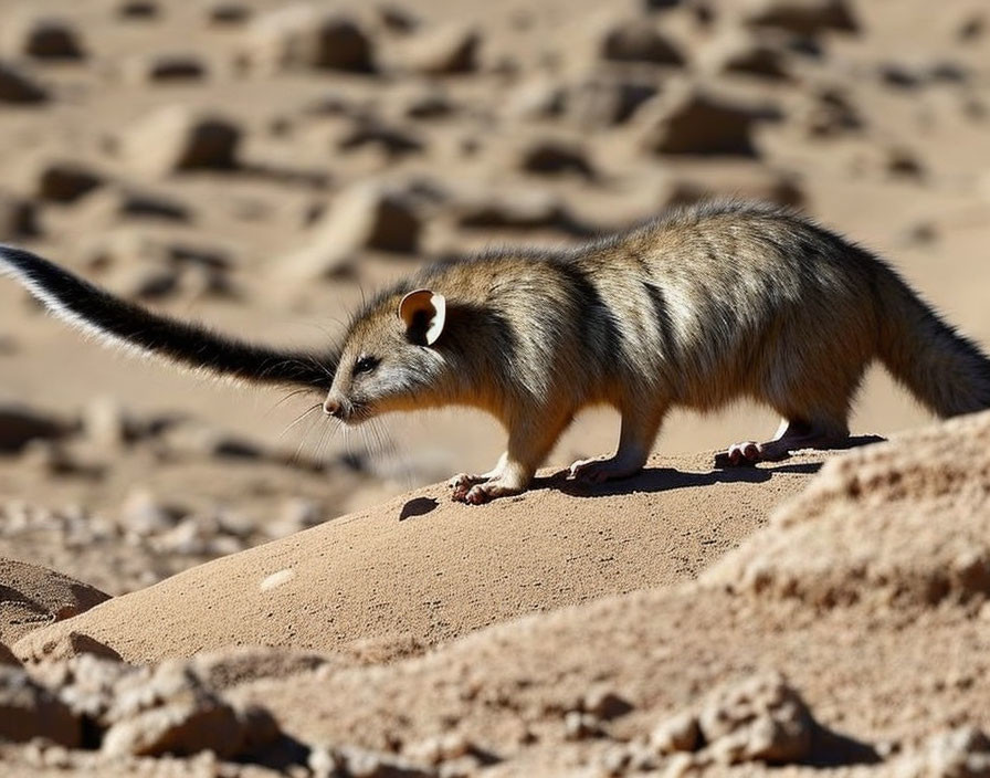 Striped Possum Walking on Sand with Bushy Tail and Rocky Mounds