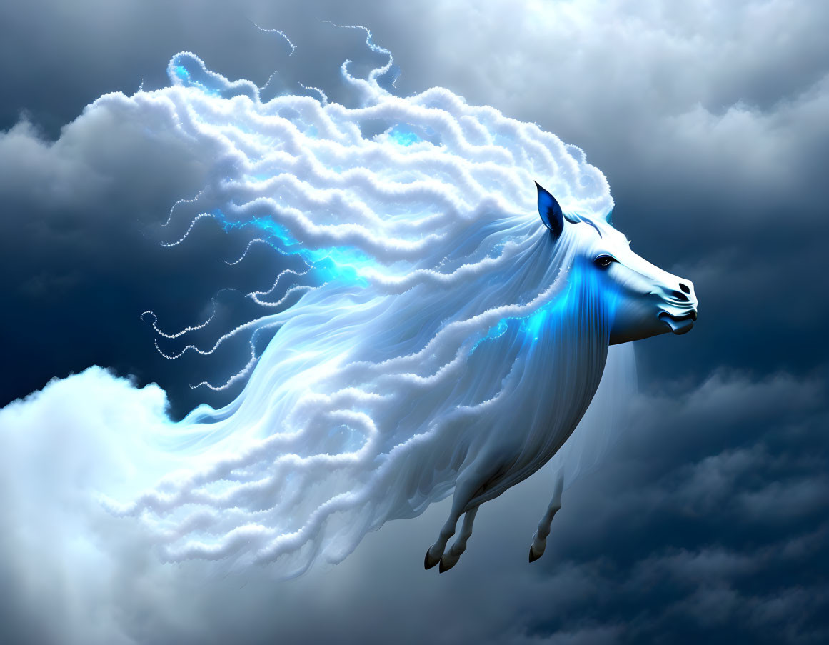 White Wingless Horse with Ethereal Mane Against Blue Sky