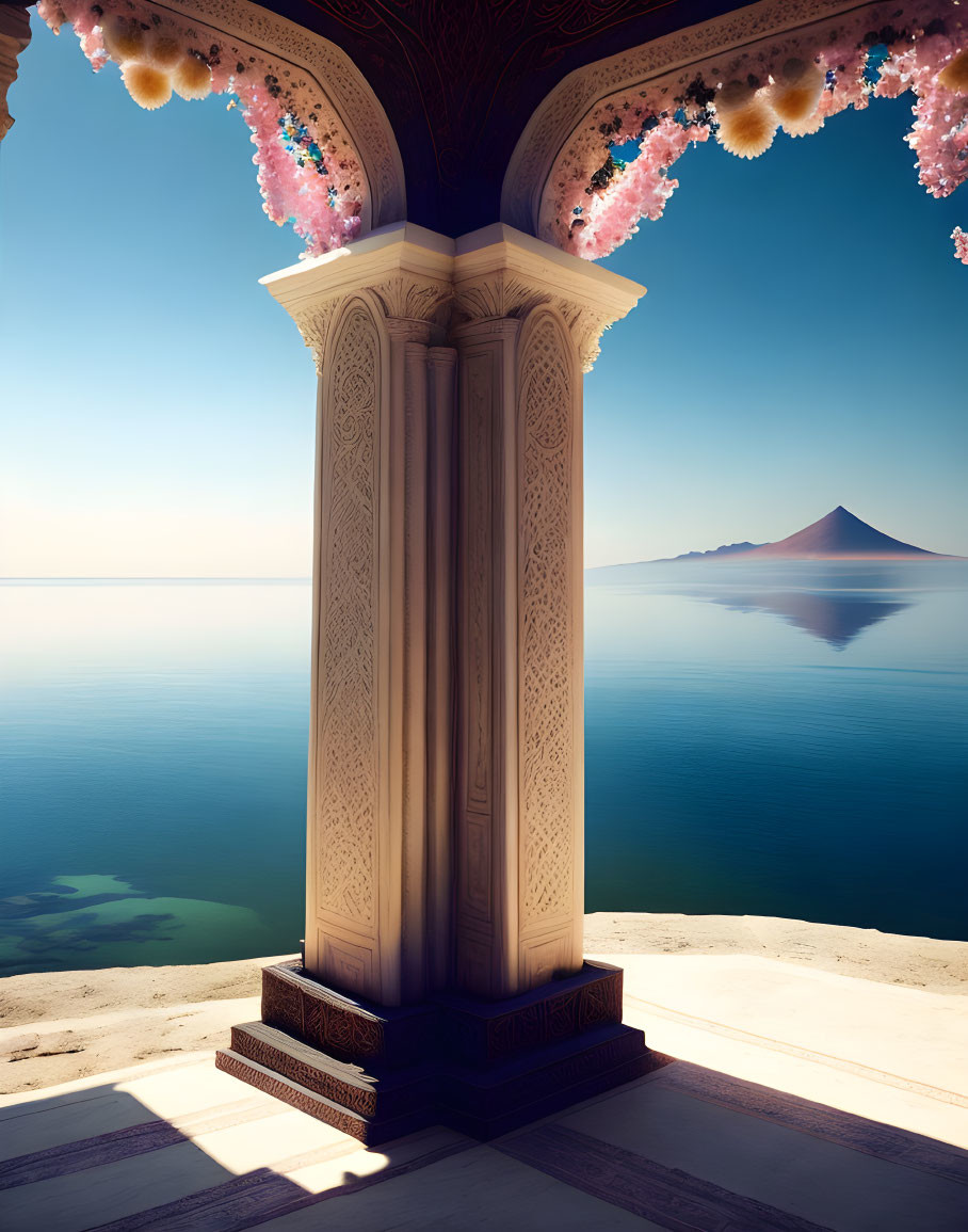 Ornate column under arch with pink flowers by serene lake