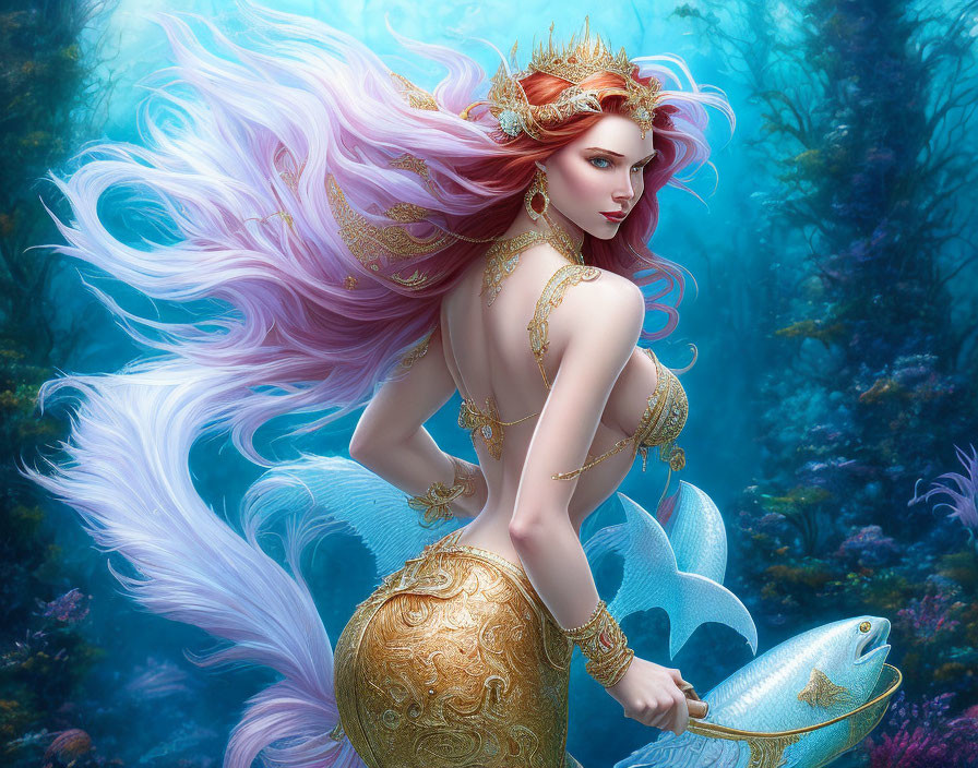 Mermaid with Pink Hair, Crown, Staff, Fish in Underwater Scene