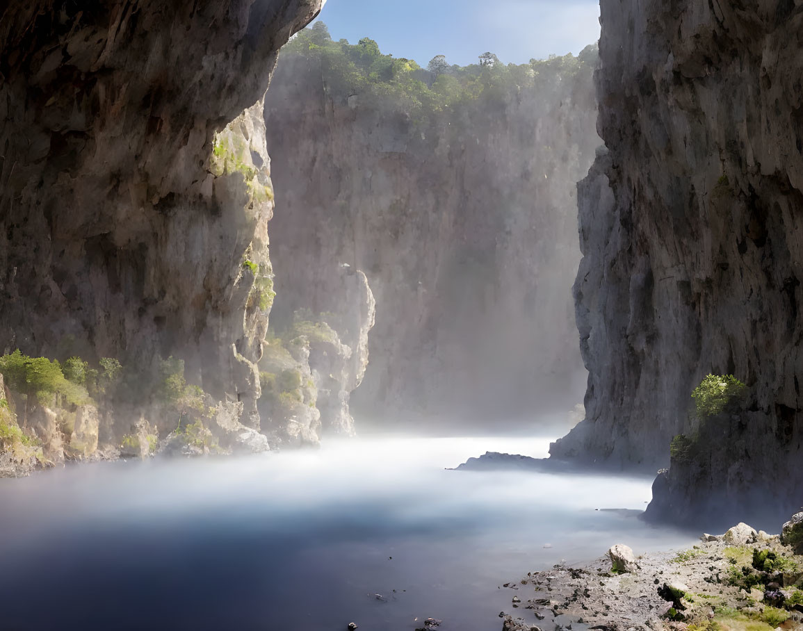 Sunlit limestone cave with misty water and steep walls