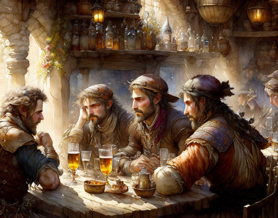 Medieval-themed artwork of men in deep conversation at tavern table