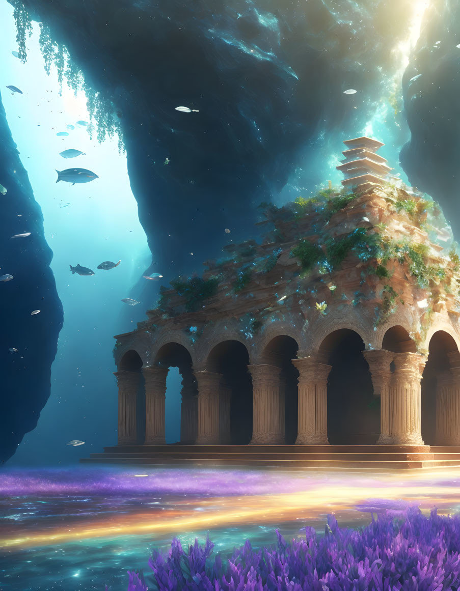 Submerged ancient temple with classic columns in ethereal light among underwater fish and vibrant flora.