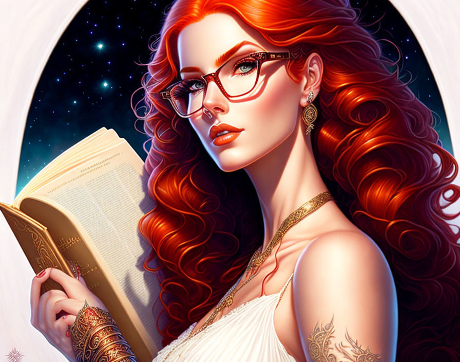 Digital illustration of woman with red hair and glasses reading a book under stars and crescent moon.