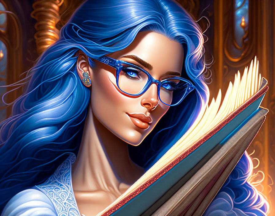 Woman with Vibrant Blue Hair and Glasses Reading Book in Ornate Background