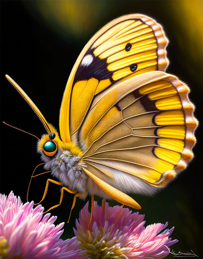 Colorful Butterfly Digital Artwork on Pink Flowers