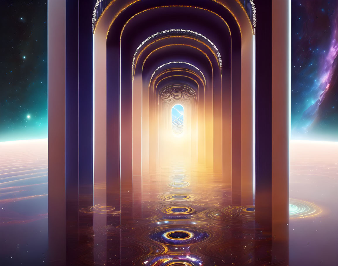 Digital Art: Otherworldly Corridor with Glowing Portal