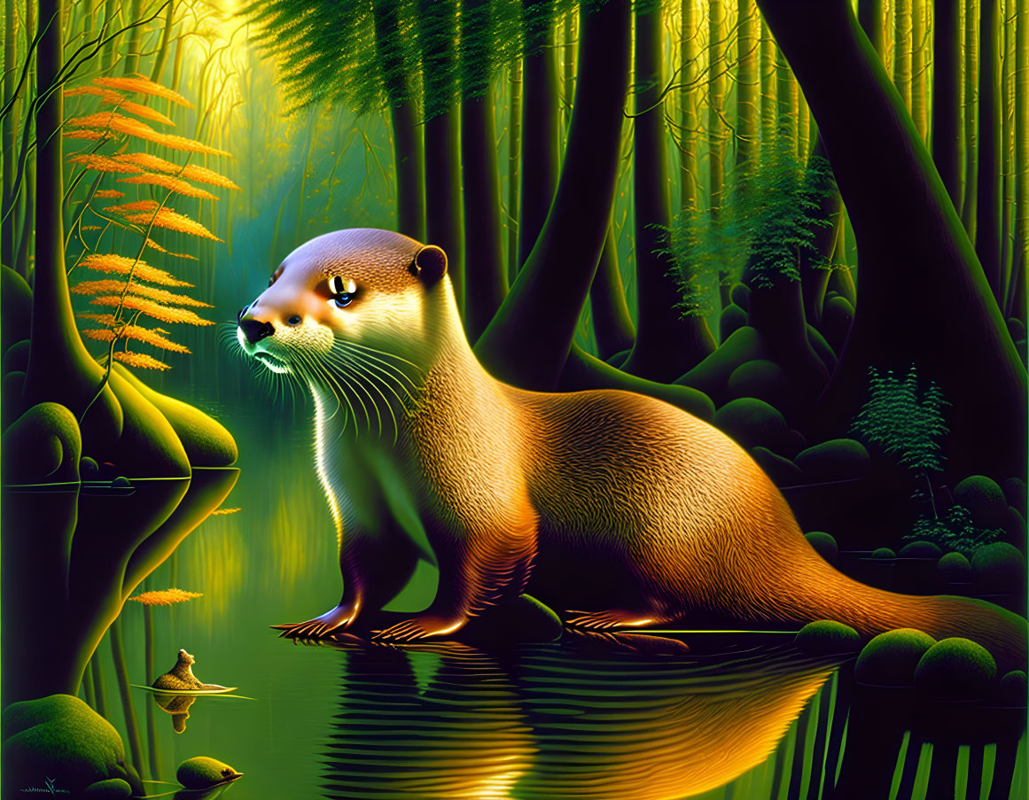 Illustrated otter in green forest with reflective water surface