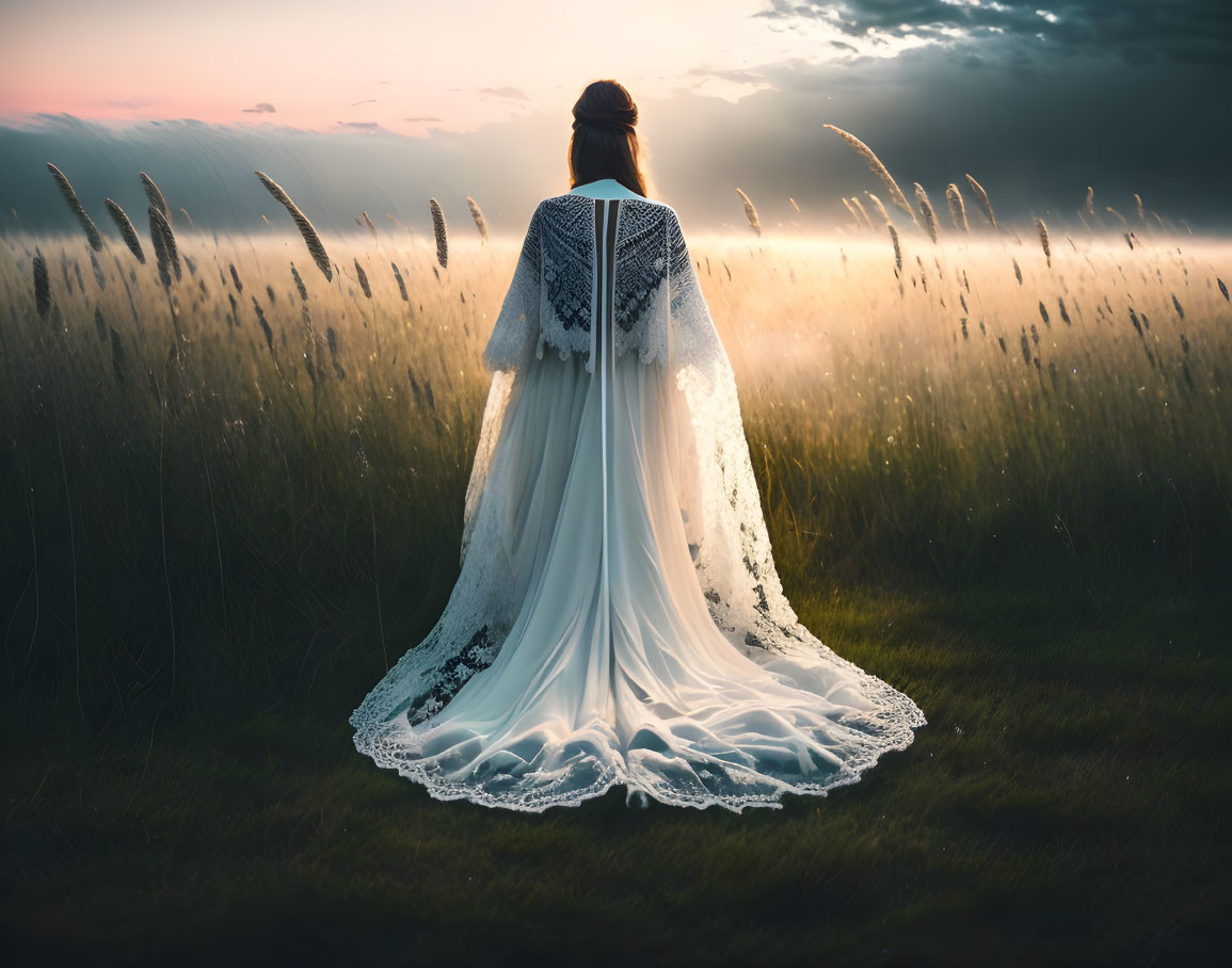 Woman in white lace dress at sunset in field with tall grass and dramatic sky